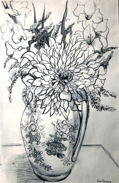 Dahlias et glaïeuls dans un pichet à motif chinois - Joan Thewsey